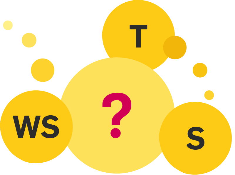 Kreise mit Abkürzungen für Frage, Training, Workshop, Seminar